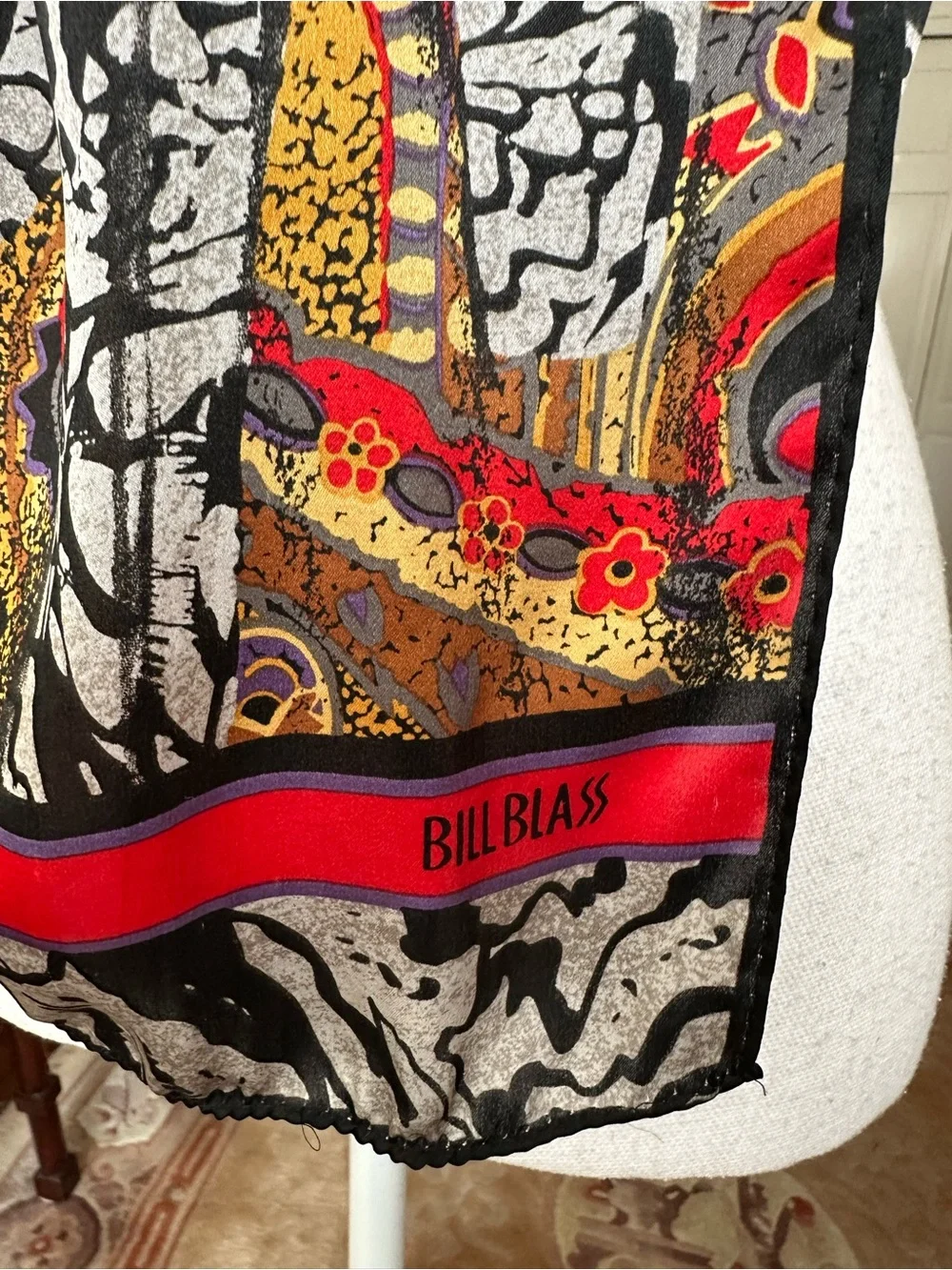 Bill Blass Vintage 100% Silk Abstract Pattern Oblong Scarf in Black, Gold & Red